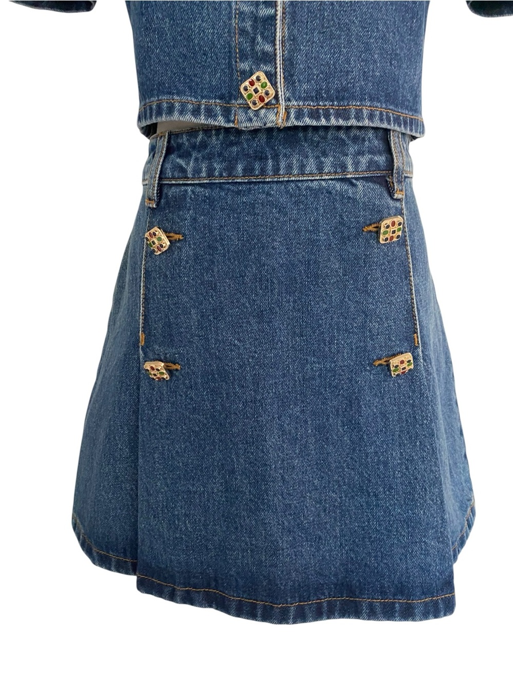 Self-Portrait Dark Blue Denim Short Sleeve Two-Piece Dress Set - Picture 6 of 13